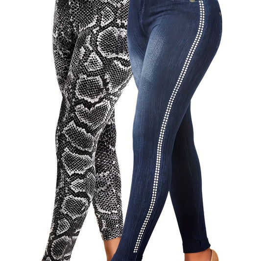 2pcs Snake & Denim Print Yoga Pants Women's Activewear