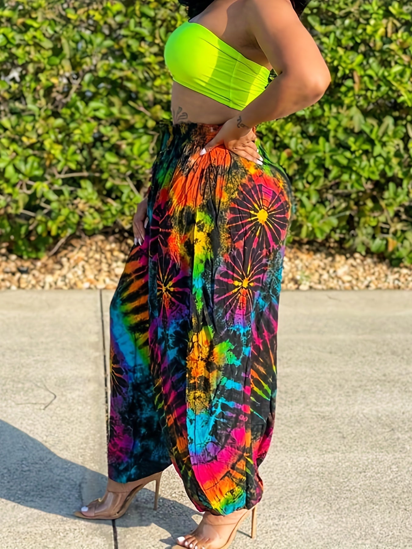  Tie Dye Drawstring Lantern Pants With Pockets