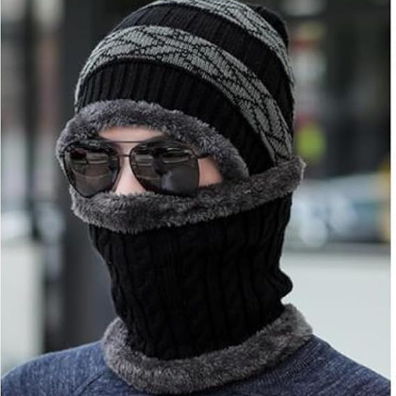 Winter Warm Elastic Soft Ear Protection Scarf Hat Gray Striped Pattern