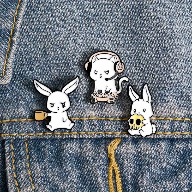 Rabbit Cat Enamel Pins Eating Skull Drink Play Games Cartoon Brooches
