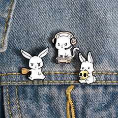 Rabbit Cat Enamel Pins Eating Skull Drink Play Games Cartoon Brooches