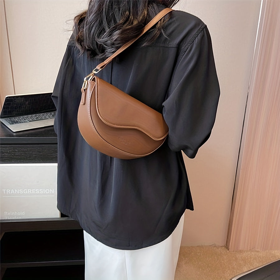 Retro Style Saddle Bag Women Solid Crossbody Versatile PU Leather Shoulder Purse