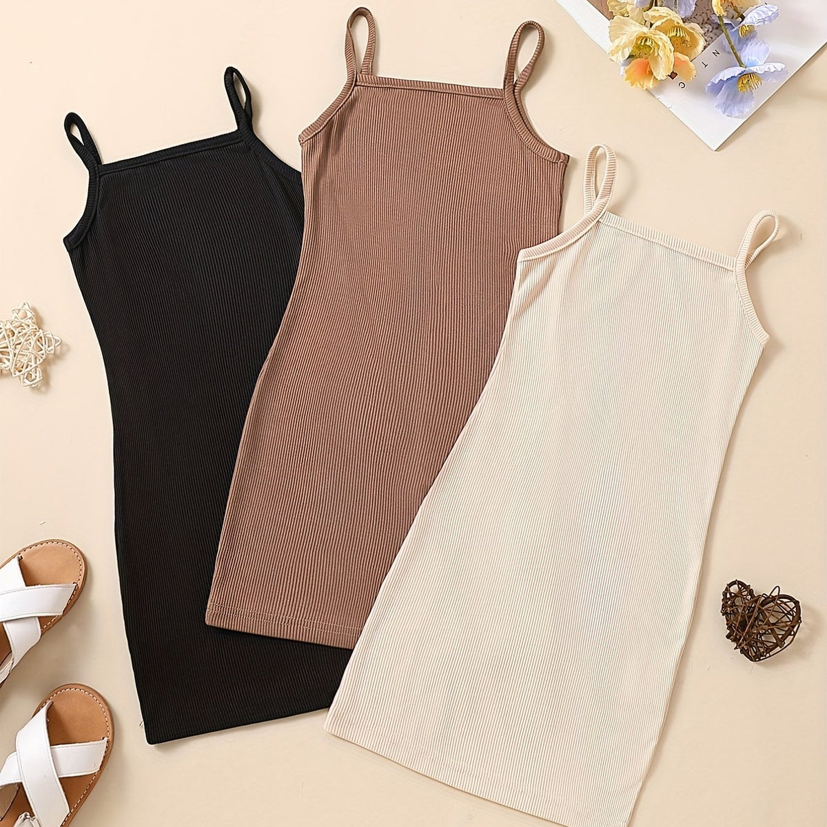 3pcs Toddler Girls Ribbed Cami Dress Party Summer Clothes