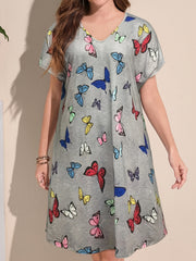 Women's Plus Butterfly Print V Neck Dress