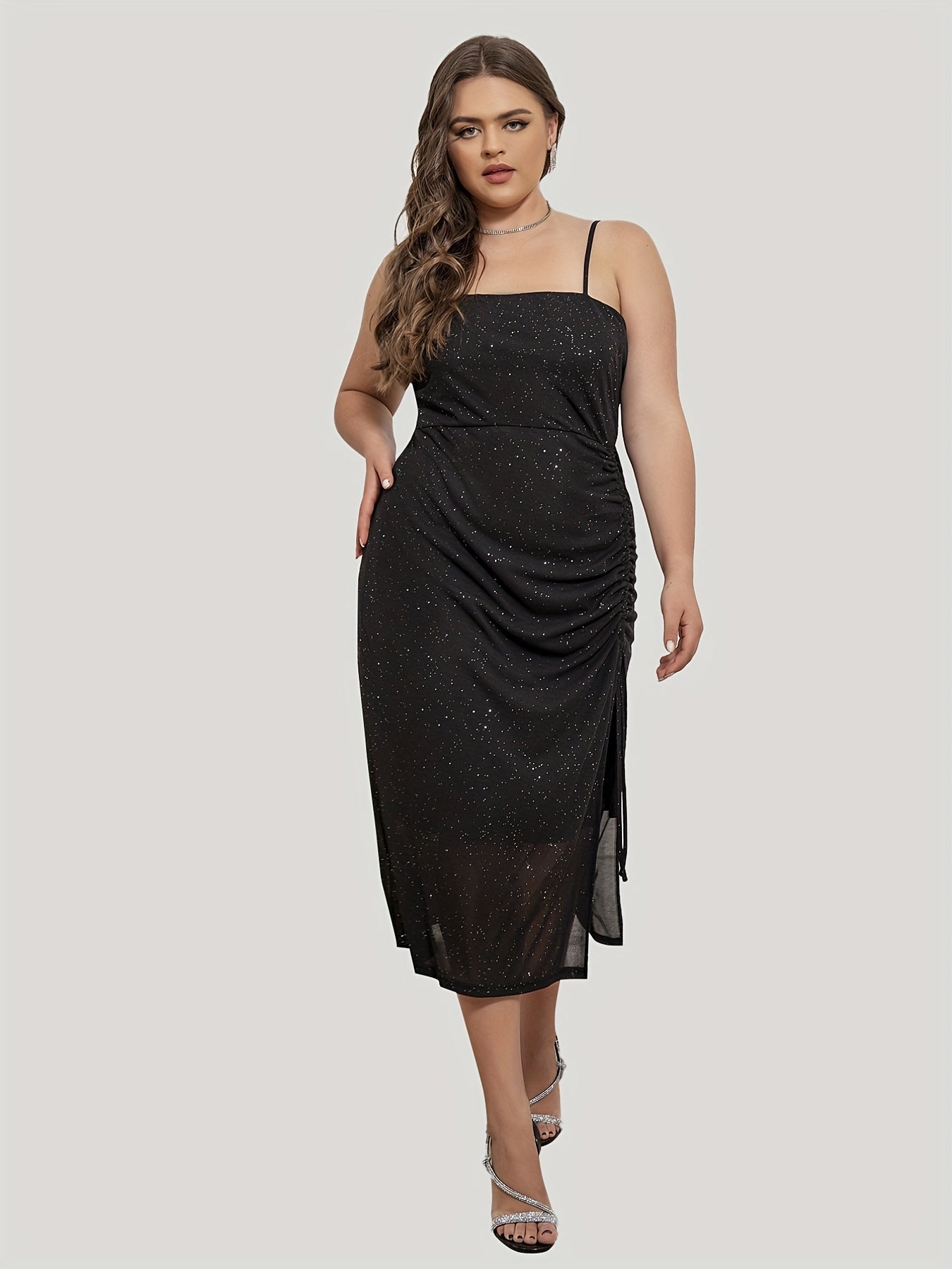  Glitter Square Neck Ruched High Split Side Cami Party Dress