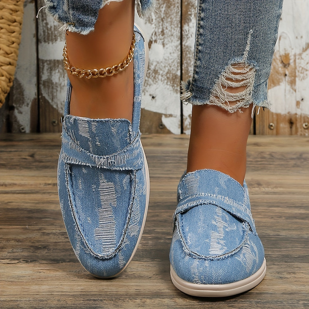 Women's Denim Flat Loafers Slip On Walking Shoes Casual Flats