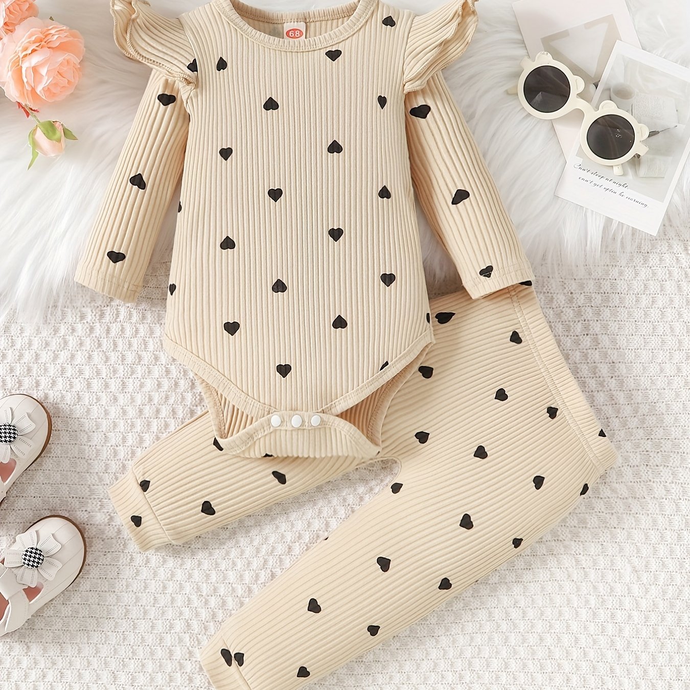 Newborn Infant Heart Print Ruffles Romper Long Sleeve Onesies & Pants Set