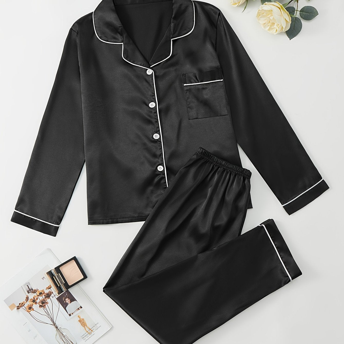 Satin Pajama Set Long Sleeve Top & Pants Women's Sleepwear