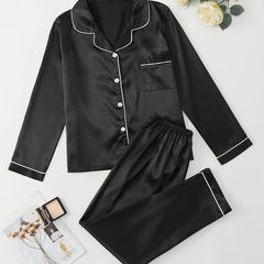 Satin Pajama Set Long Sleeve Top & Pants Women's Sleepwear