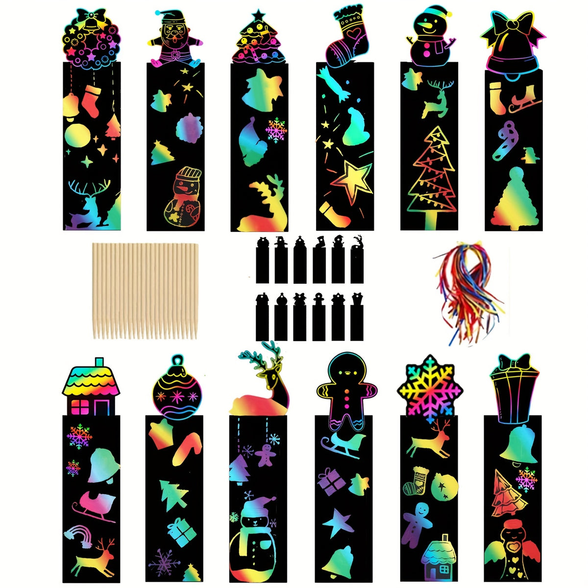 48pcs Christmas Scratch Painting Kit with Wooden Pen and Ribbon Bookmarks