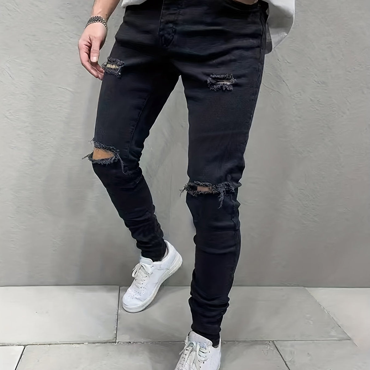 Men's Slim Fit Ripped Denim Jeans Vintage Hip Hop Style Pants