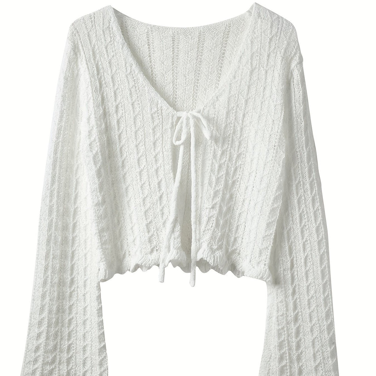 Tie Front Knit Cardigan Scallop Trim Flared Sleeve Sweater