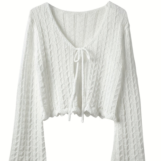 Tie Front Knit Cardigan Scallop Trim Flared Sleeve Sweater