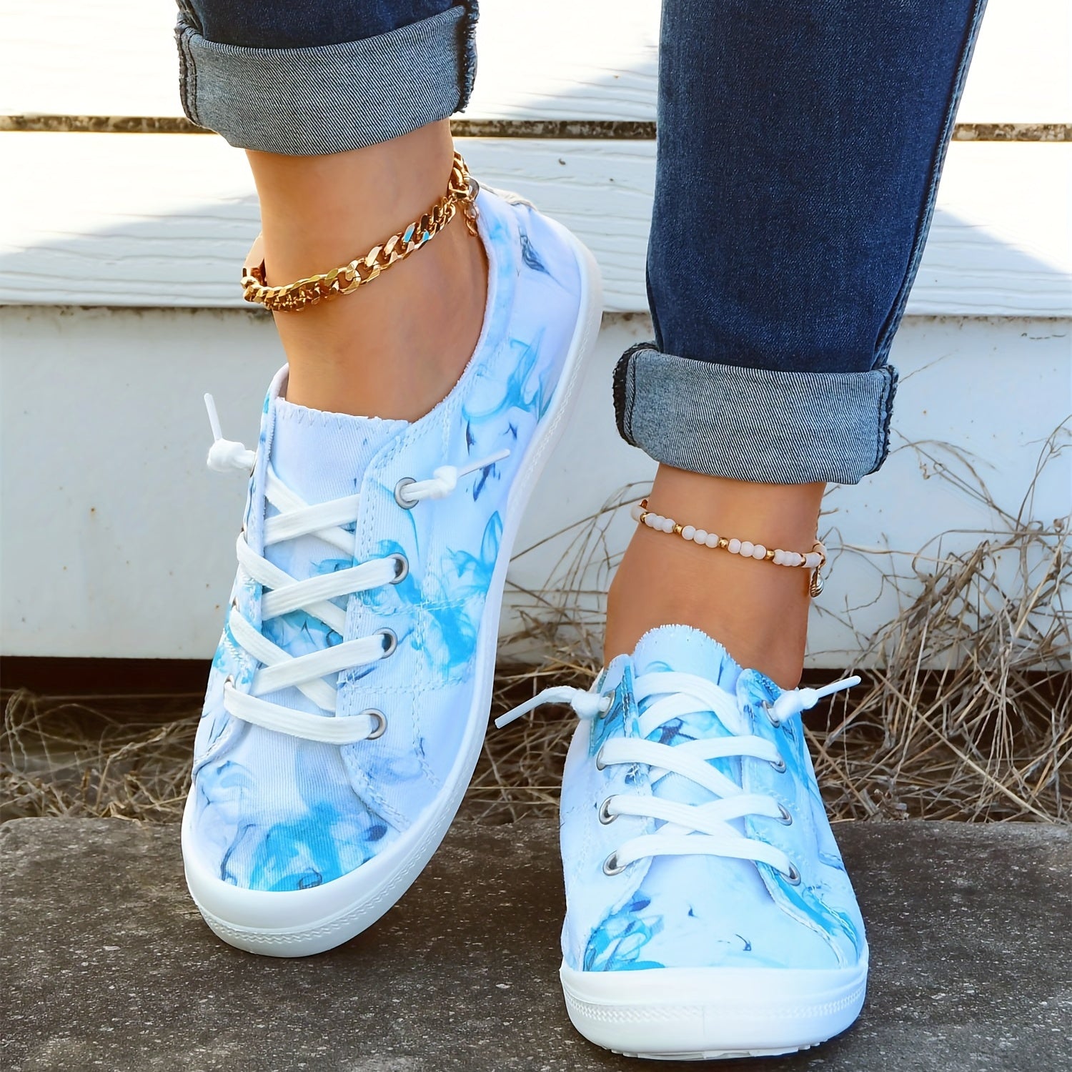Women's Ink Print Canvas Shoes Lace Up Flat Walking Shoes Lightweight