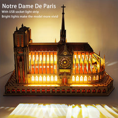 3D Wooden Puzzle Notre Dame Cathedral Model Kit with LED - DIY Brain Teaser Game