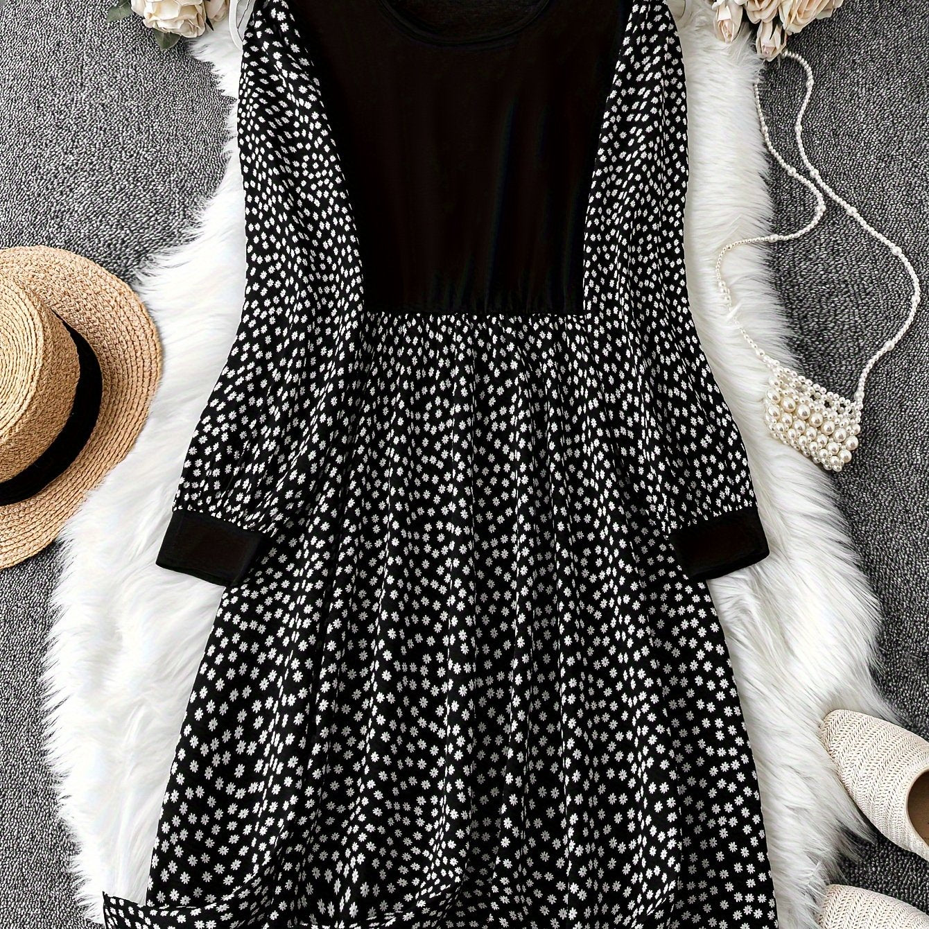  Colorblock Ditsy Print Long Sleeve Dress