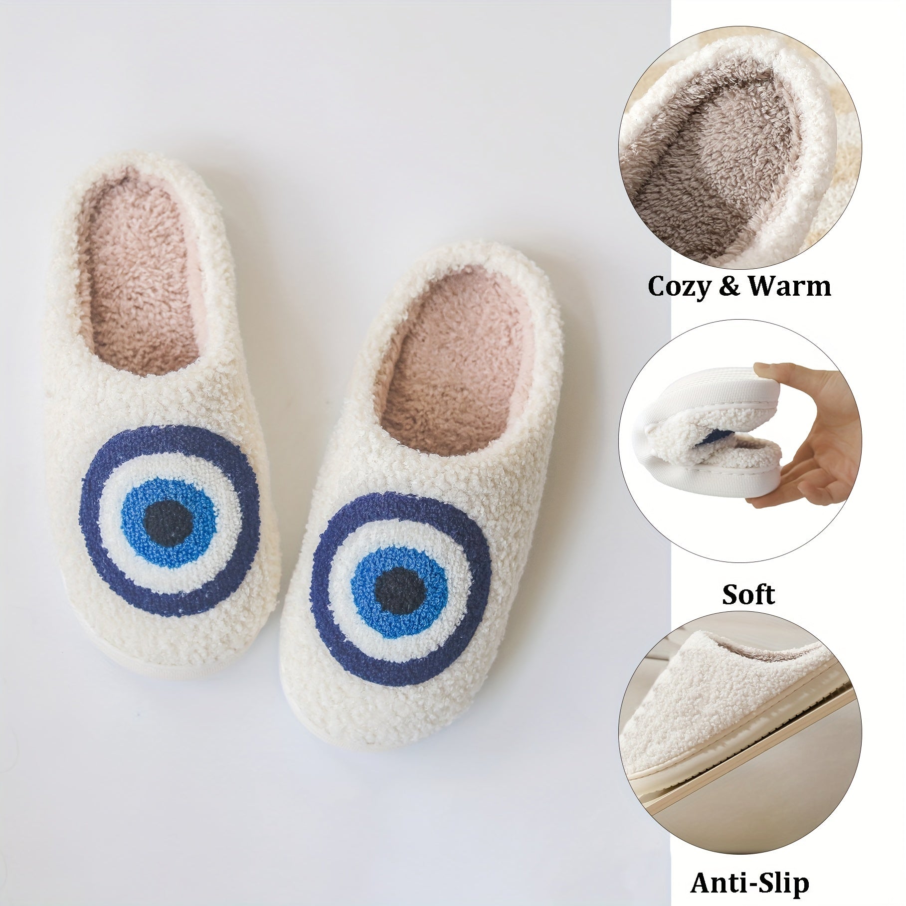 Plush Evil Eye Slippers Warm Fuzzy Indoor Shoes Cozy Bedroom Slippers