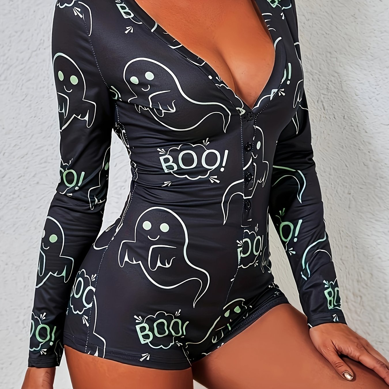 Halloween Ghost Print Pajama Romper Long Sleeve V Neck Buttons Pajamas
