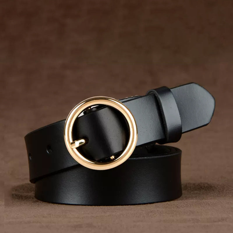 Round Buckle Leather Belt Women's Cowhide Casual Waist Belt
