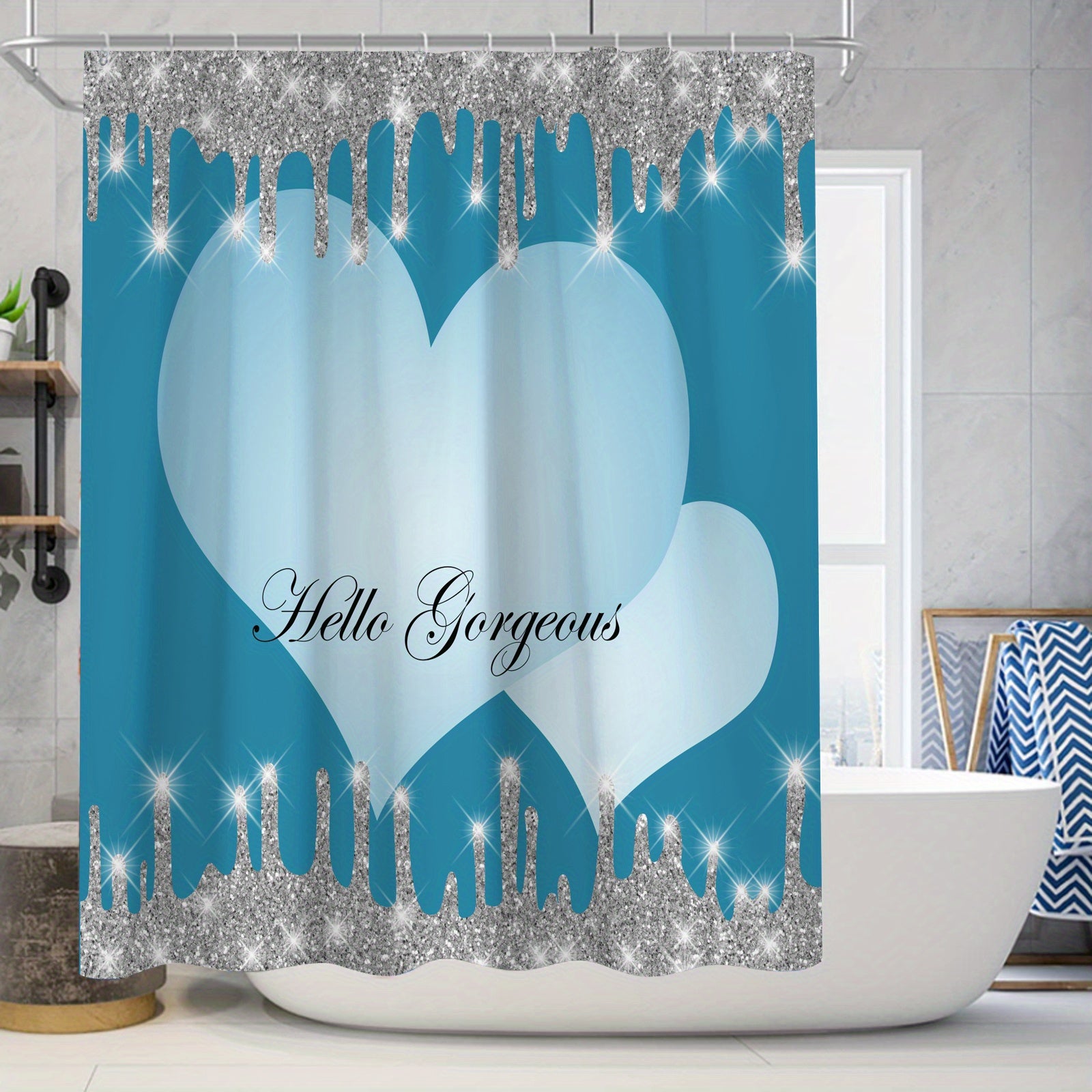 Sparkling Shower Curtain Set with Bath Mat and Hooks, 71x71 In