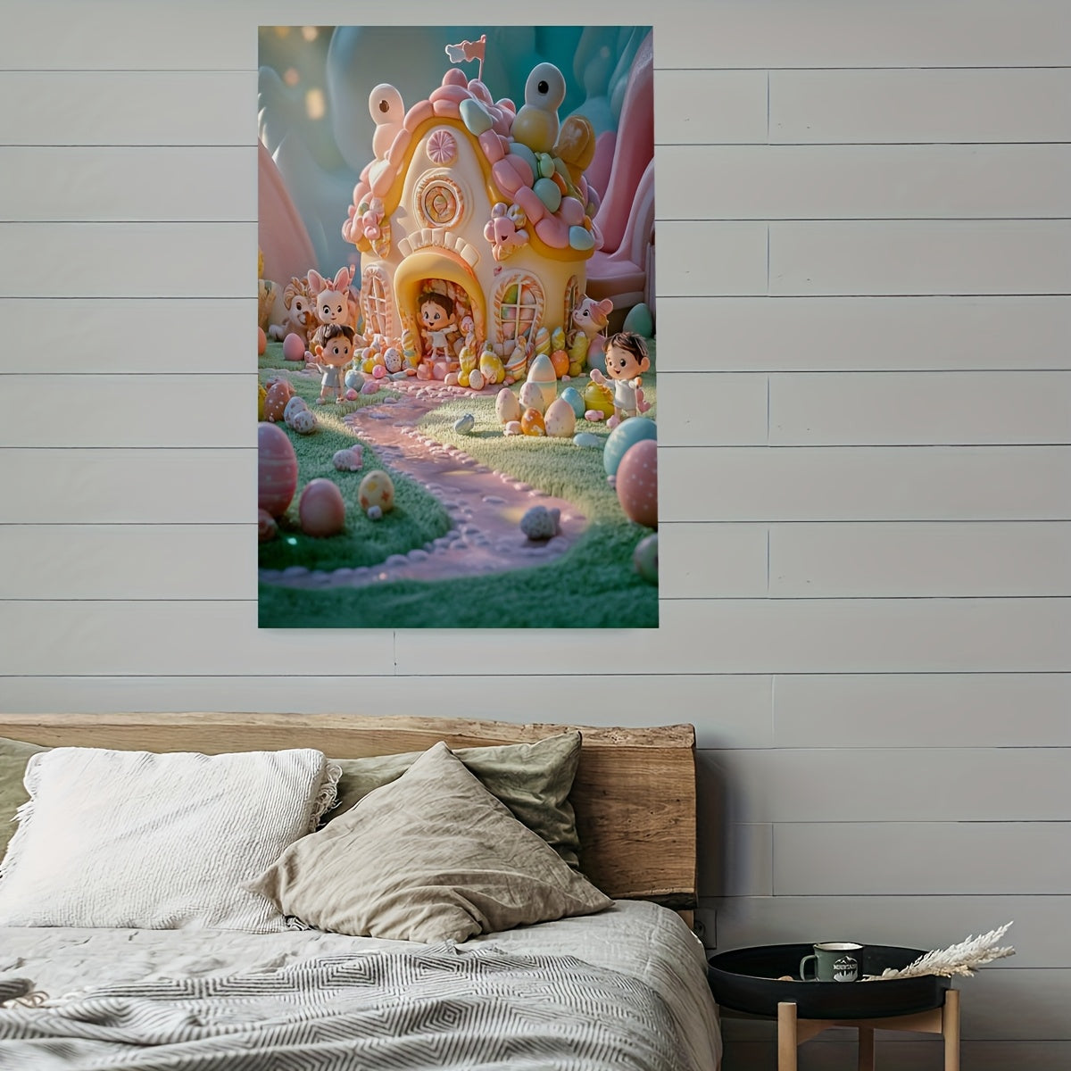 Enchanted Garden Canvas Art Wooden Frame Fairy Tale House Flowers Characters Bir