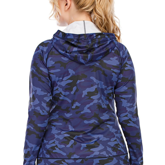  Camo Print Zip Up Hoodie Activewear Women's Plus Long Sleeve Coat