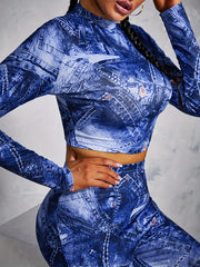  Denim Print Mock Neck Top & Leggings Set