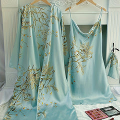 3pcs Cherry Print Pajamas Set Long Sleeve Robe & Cami Mini Dress & Storage Bag