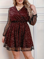 Plus Glitter Sequin Mini Dress Lantern Sleeve V Neck Stretch