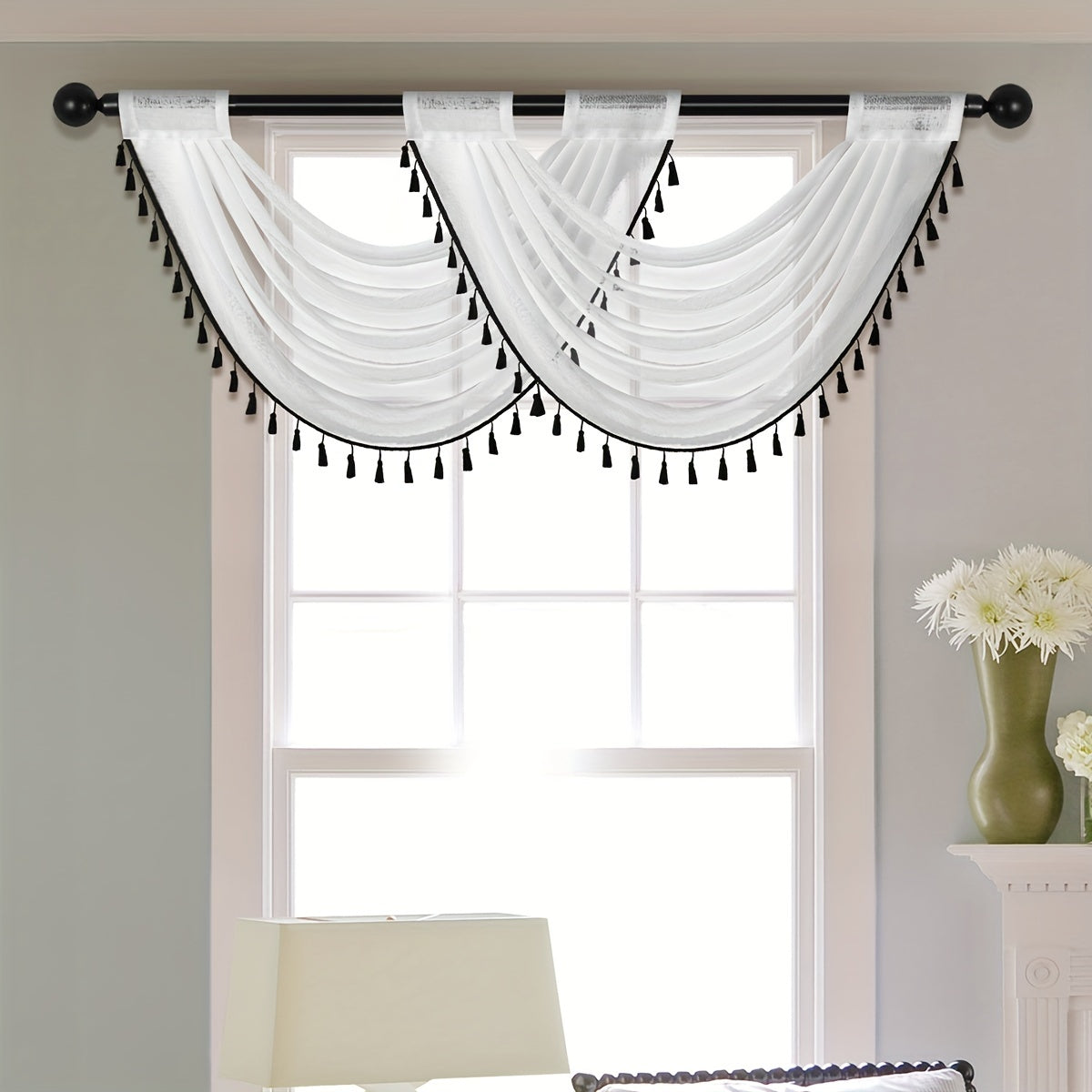 Sheer Wave Curtain Valance w/ Tassels 30x24