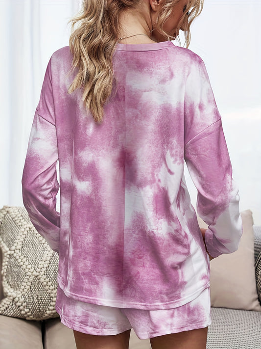 Tie Dye Lounge Set Crew Neck Top & Lace Up Shorts Women's Loungewear