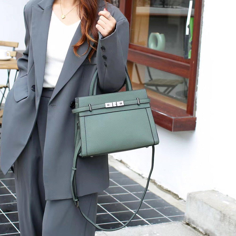 Green Leather Tote Bag with Zipper Closure & Detachable Strap