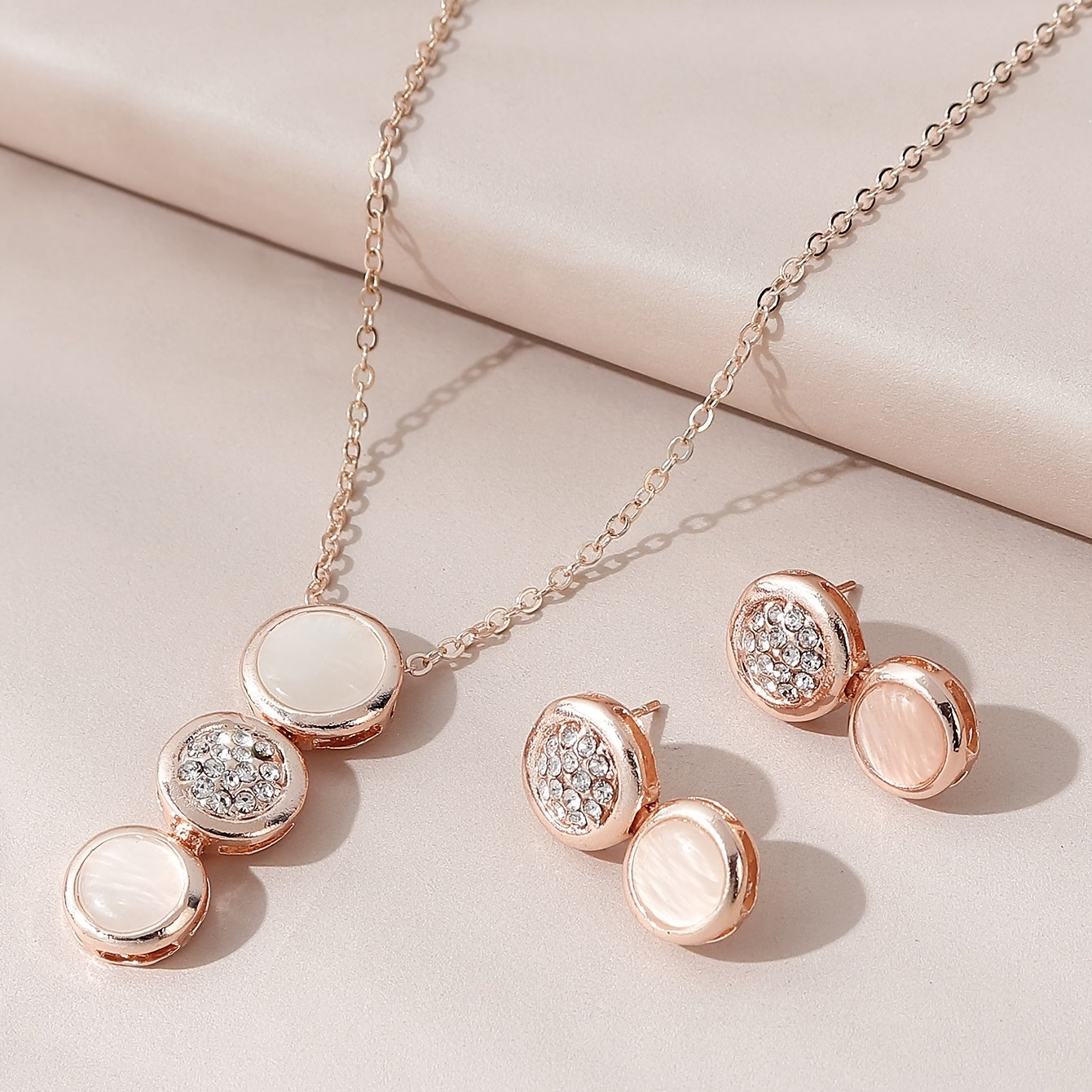 Opal Jewelry Set Pendant Necklace & Earrings Rhinestone Inlaid Sweet Women Gift