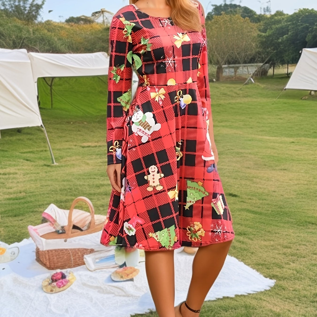 Women's Plus Christmas Print Long Sleeve A line Knee Length Dress