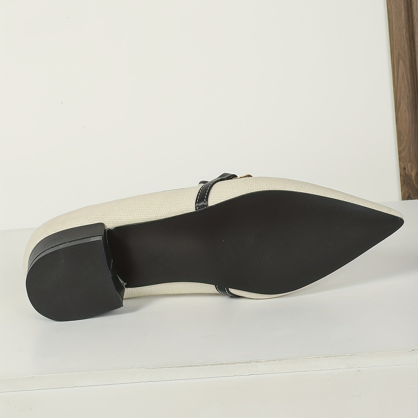 Women's Chain Chunky Heel Loafers Point Toe Canvas Dress Shoes