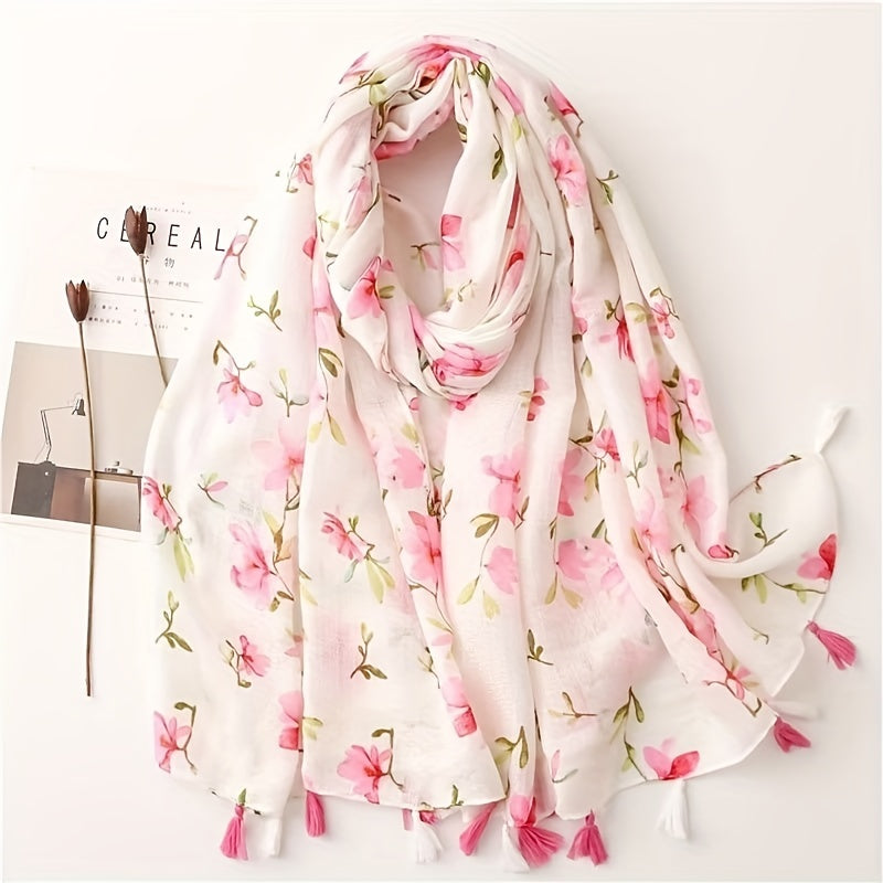 Pink Flower Print Scarf Gauze Tassel Shawl Casual Windproof Head Wrap