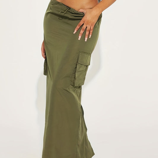 Solid Drawstring Flap Pockets Skirt, Casual Split Skirt