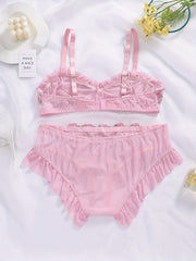 Floral Embroidered Mesh Ruffle Trim Bra & Underwear Set