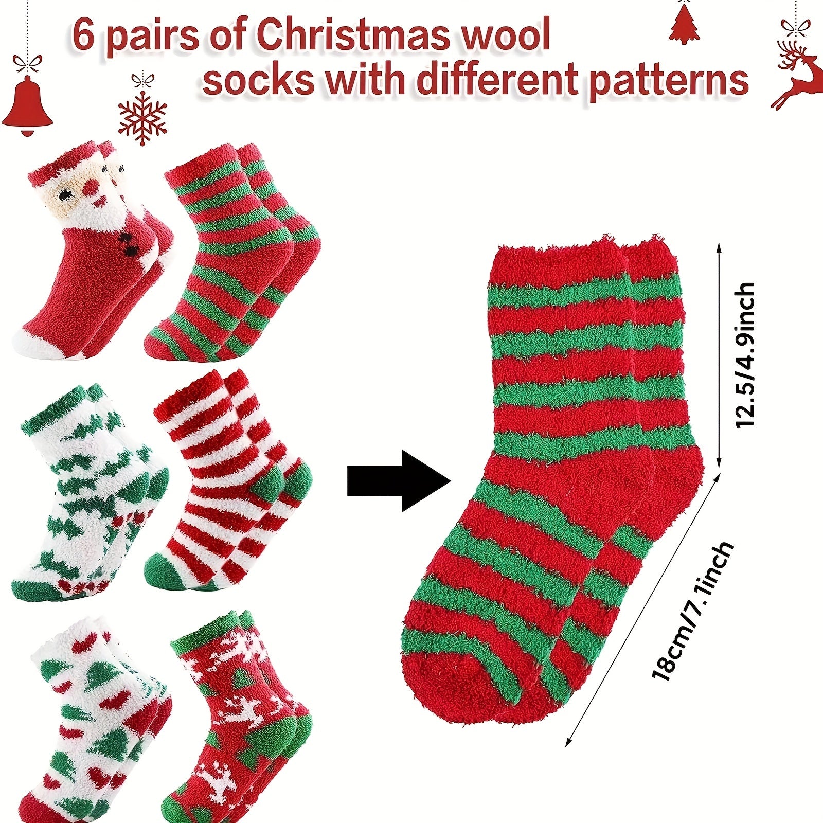 6pcs Christmas Print Socks Fuzzy Warm Comfy Stocking Decorations