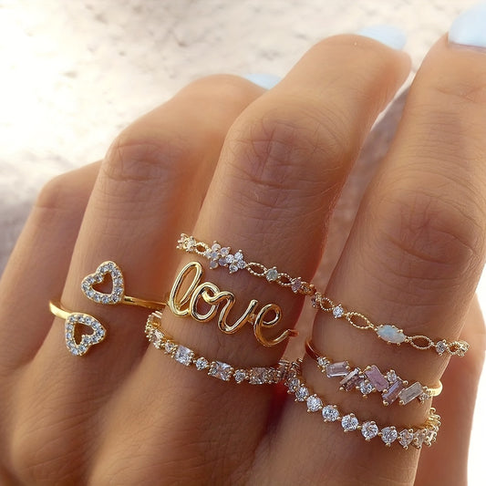 7pcs Golden Letter Love Rhinestone Joint Ring Set For Women