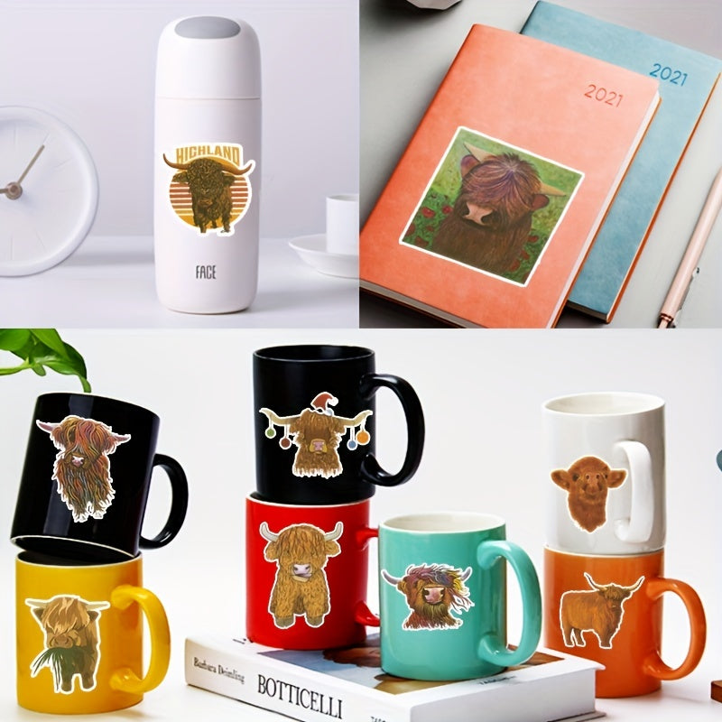50pcs Highland Cow Cartoon Stickers For Motorcycle Helmet Water Cup