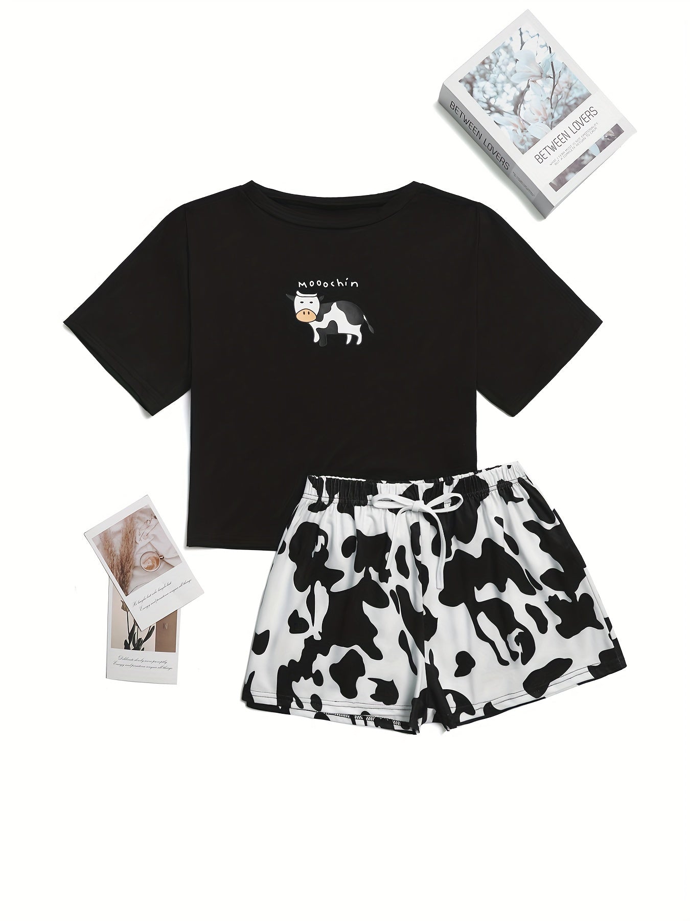 Cow Print Pajama Set Short Sleeve Top & Shorts Women's Sleepwear