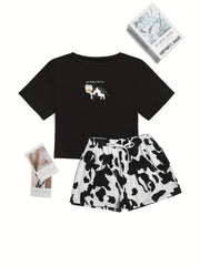 Cow Print Pajama Set Short Sleeve Top & Shorts Women's Sleepwear