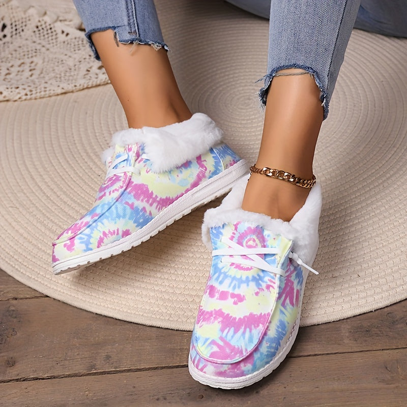 Women's Tie Dye Fluffy Snow Boots Warm & Comfy Slip On Flat Shoes
