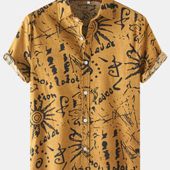 Men s Casual Flax Tie Doodle Style Shirt Short Sleeve Hawaiian Shirt