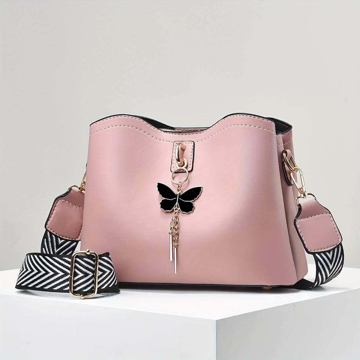 Stylish Solid Butterfly Bucket Bag Adjustable Strap Zipper Closure