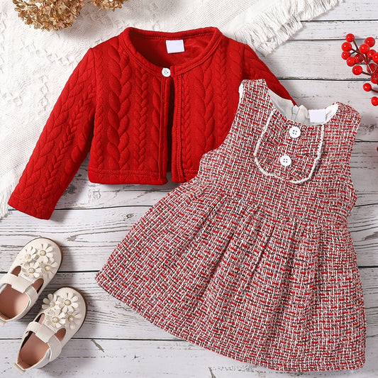Baby Girl Plaid Sleeveless Tank Dress & Cloak Jacket