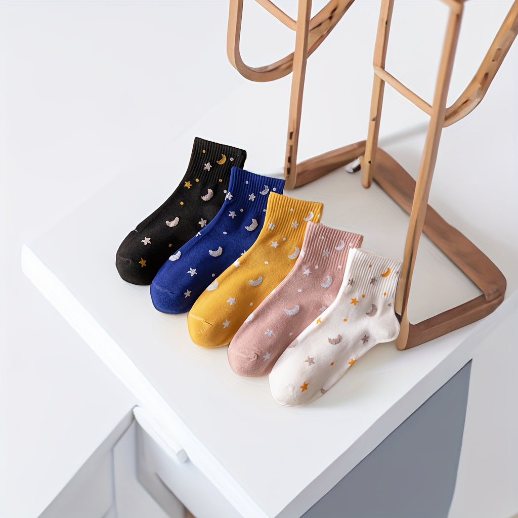 5 Pairs Star & Moon Pattern Ribbed Short Socks Women's Stockings