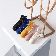 5 Pairs Star & Moon Pattern Ribbed Short Socks Women's Stockings