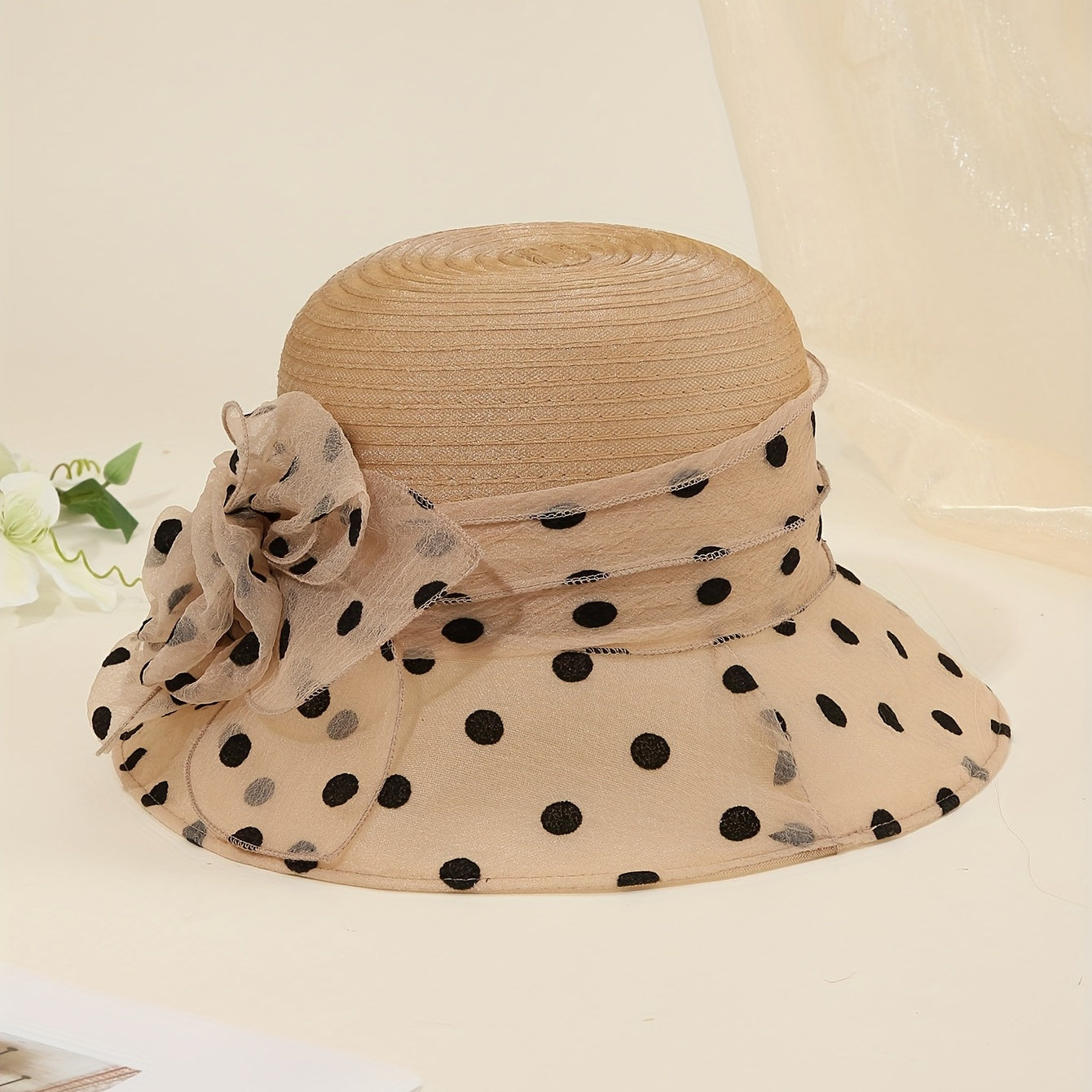 Polka Dot Bucket Hat Mesh Flower Decor Organza Sun Hats Lightweight Summer Derby